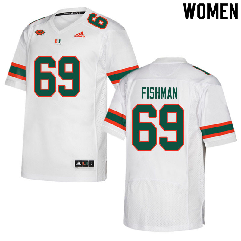Women #69 Sam Fishman Miami Hurricanes College Football Jerseys Sale-White - Click Image to Close